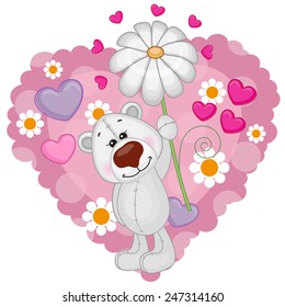 Greeting card Polar Bear with hearts and flower 