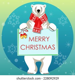 Greeting Card with Polar bear in red woolly scarf holding shopping bags. Isolated