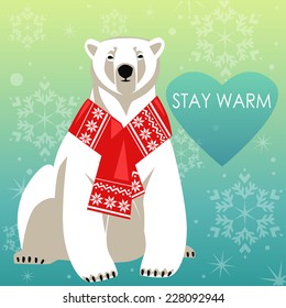 Greeting Card with Polar bear in red woolly scarf holding shopping bags. Isolated