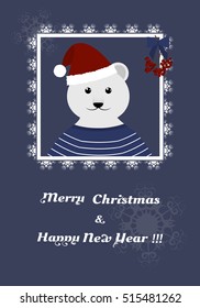 greeting card with a polar bear in a santa hat in openwork frame. Christmas background