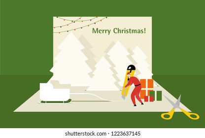 Greeting card with pop up Christmas tree. Santa made christmas card. vector graphic illustration.