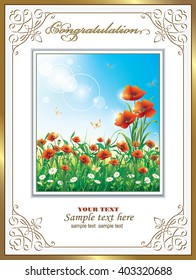 Greeting card with poppies against the sky in a frame with an ornament