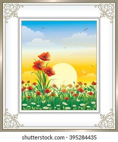 Greeting card with poppies against the sunset in a frame with an ornament