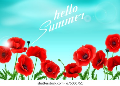 Greeting card Poppies flowers, delicate buds. Can be used as invitation card for wedding, birthday and other holiday and summer background. Vector illustration EPS10
