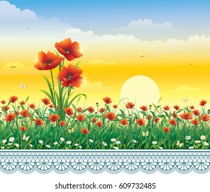 Greeting card with poppies on sunset background and ornament. Vector illustration