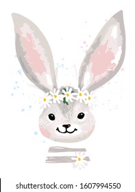 Greeting card with a portrait of a cute rabbit. Bunny with a wreath of flowers on his head. Animal vector illustration isolated on white background.