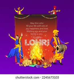 Greeting card, post design of Lohri festival. Happy lohri text with Indian sikh family dancing around bonfire in night background. Vector illustration.