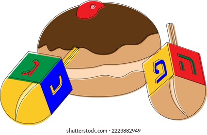 Greeting card or post card with jelly donut and dreidels for Jewish holiday Hanukkah. Hebrew letters on dreidels say: "Great Miracle Happened Here".