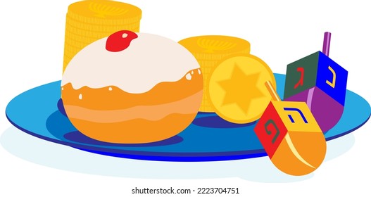 Greeting card or post card with traditional symbols of Jewish holiday Hanukkah (jelly donut Sufganiyah, dreidels, golden coins). Hebrew letters on dreidels say: "Grate Miracle Happened Here".