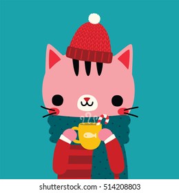 Greeting Card, Postcard, Party Invitation, Poster with cute cat in sweater and knitted hat holding cup of hot chocolate. Warm winter wishes and merry christmas, Vector Illustration.
