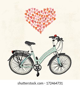 Greeting card or a postcard template with hand-drawn mint green ladies bicycle on grungy background.