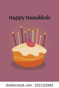 Greeting card or postcard template with Happy Hanukkah lettering and holiday symbols and attributes - menorah, sufganiyah doughnuts, olive branch, dreidels. Vector illustration
