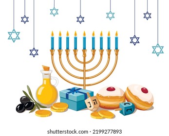 Greeting card or postcard template with traditional Hanukkah symbols  - menorah, sufganiyah doughnuts, olive branch, gift, gelt, dreidels. Vector illustration