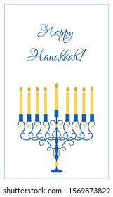 Greeting card or postcard template. Vector illustration with ornate menorah with candles for Happy Hanukkah holidays. David stars