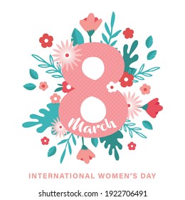 Greeting card or postcard template for World women's day. Happy Womens Day card with flowers . Modern floral vector illustration for 8 March celebration. vector illustration