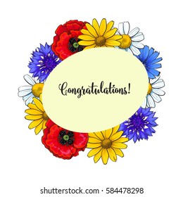 Greeting card, postcard template with a wreath of wild, field flowers, sketch vector illustration isolated on white background. Greeting card template with wreath of hand drawn realistic wild flowers