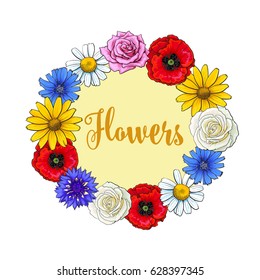 Greeting card, postcard template with a wreath of wild and garden flowers, sketch vector illustration isolated on white background. Greeting card template with wreath of hand drawn realistic flowers