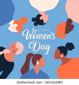 Greeting card or postcard templates with feminism activists and Happy Women's Day wish. Modern festive vector illustration for 8 March celebration.