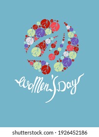 A greeting card, a poster or another background with a rose made of colorful red, green, violet small roses having the handwritten phrase 'women's day' as its stalk and leaves