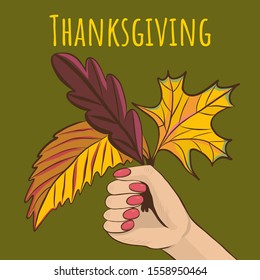Greeting card, poster and banner with autumn leaves for Thanksgiving day. Vector illustration.