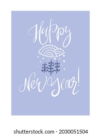 Greeting card, poster, banner. Happy New Year inscription. Illustration of a winter landscape in an Asian style.