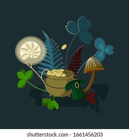 Greeting card, poster, banner with the inscription "Happy St. Patrick's Day." On a green background depicts clover, plants, a leprechaun hat, fern, a pot of gold.