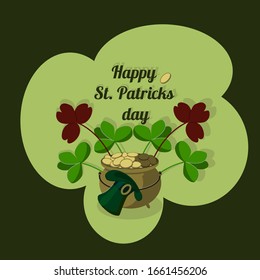 Greeting card, poster, banner with the inscription "Happy St. Patrick's Day." On a green background depicts clover, plants, a leprechaun hat, fern, a pot of gold.