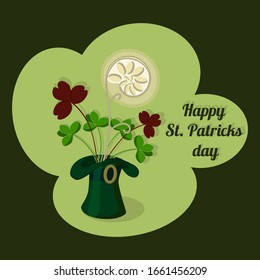 Greeting card, poster, banner with the inscription "Happy St. Patrick's Day." On a green background depicts clover, plants, a leprechaun hat, fern.