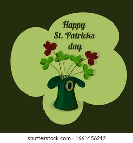 Greeting card, poster, banner with the inscription "Happy St. Patrick's Day." On a green background depicts clover, plants, a leprechaun hat, fern.