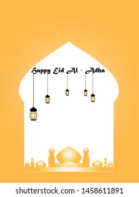 Greeting card, poster, and banner with sacrificial sheep, mosque and crescent on cloudy night background. Vector art, template, illustration for the celebration of Muslim community festival Eid Al Adh