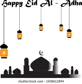 Greeting card, poster, and banner with sacrificial sheep, mosque and crescent on cloudy night background. Vector art, template, illustration for the celebration of Muslim community festival Eid Al Adh