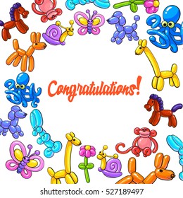 Greeting card, poster, banner template with a round frame of twisted balloon animals, cartoon vector illustration isolated on white background. Inflatable toys made of twisted balloons, greeting card