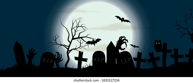 Greeting card and poster Black silhouette of graveyards and devils hands in Halloween day horror night scene. All in banner vector design.