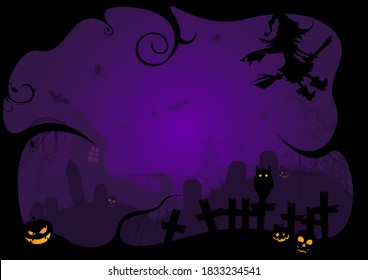 Greeting card and poster Black silhouette of Halloween day horror night scene purple background.