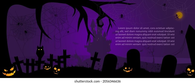 Greeting card and poster Black silhouette of Halloween day horror night scene purple background. All in flat banner style and vector design.