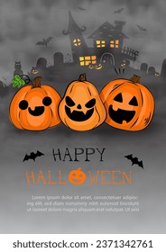 Greeting card and poster Black silhouette with Jack'o lantern monster in Halloween day horror night scene background.