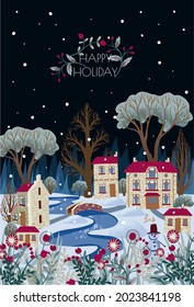 Greeting card or poster with  Christmas town. Snowy city with river and trees