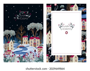Greeting card or poster with  Christmas town. Snowy city with river and trees
