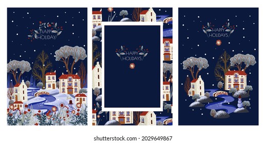 Greeting card or poster with  Christmas town. Snowy city with river and trees