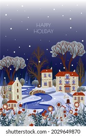 Greeting card or poster with  Christmas town. Snowy city with river and trees