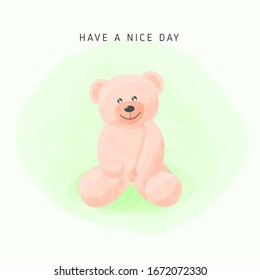 Greeting card or poster with cute bear sitting on green in watercolor style.