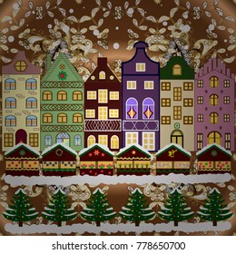 Greeting card, poster design. Cityscape. Vector. Vector. Winter houses, road, tree. Winter in the city New year holidays. Cute town Christmas eve.