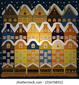 Greeting card, poster design. Cute town Christmas eve. Winter in the city, christmas decor fir-trees. Vector. Winter houses, road, tree. Vector. Cityscape. Winter nature landscape. New year holidays.