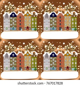 Greeting card, poster design. Cute town Christmas eve. Winter nature landscape. Winter houses, road, tree. Winter in the city, christmas decor fir-trees. New year holidays. Cityscape. Vector. Vector.