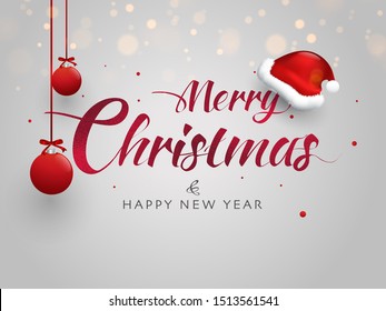 Greeting card or poster design decorated with hanging baubles and santa hat for Merry Christmas and Happy New Year celebration.