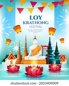 Greeting card or poster design for the Loy Krathong Festival in Thailand with seated Buddha overlooking water with floating lotus rafts, colored vector illustration