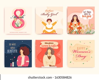 Greeting Card or Poster Design Set with Female Character for 8 March, Happy Women's Day Concept.