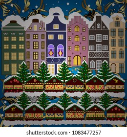 Greeting card, poster design. Vector. New year holidays. Cute town Christmas eve. Winter houses, road, tree. Winter in the city, christmas decor fir-trees. Winter nature landscape. Vector. Cityscape.