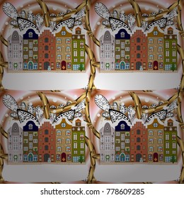 Greeting card, poster design. Winter in the city, christmas decor fir-trees. Vector. Cute town Christmas eve. Cityscape. Winter houses, road, tree. Vector. Winter nature landscape. New year holidays.