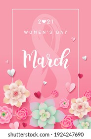 Greeting card or poster design for Women's Day 2021. Handwriting March and 8 in frame on pink background. Flowers and paper hearts on pink background. - Vector illustration 